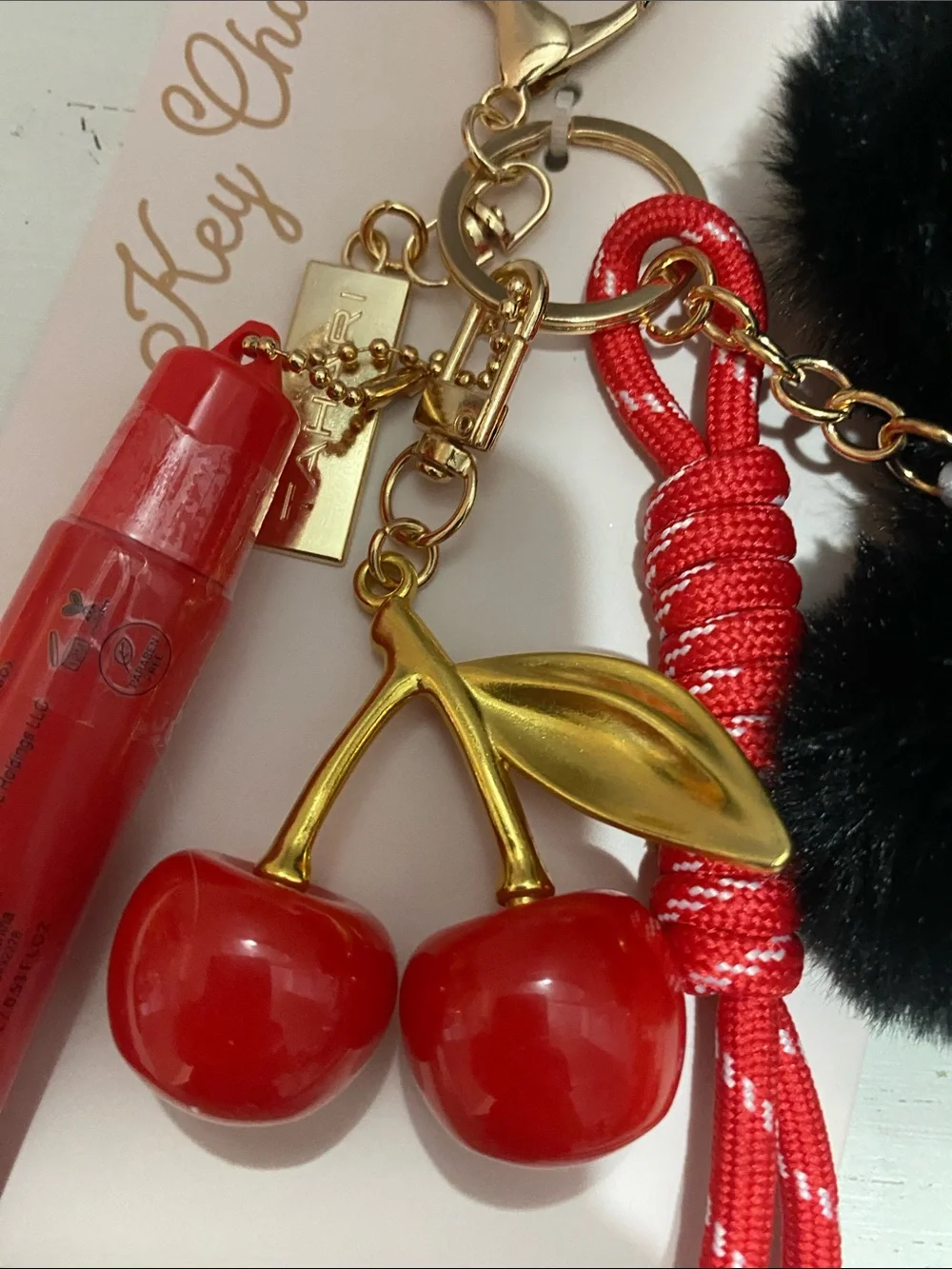 Tahari - Red & Black, Cherry,Pom-Pom & Lip Gloss Bag Charm